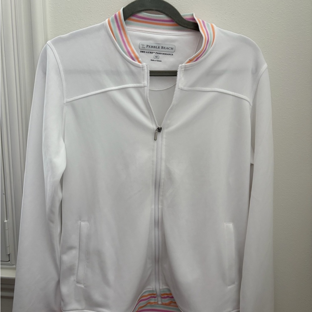 Pebble Beach White Bomber Jacket with Athletic Flair